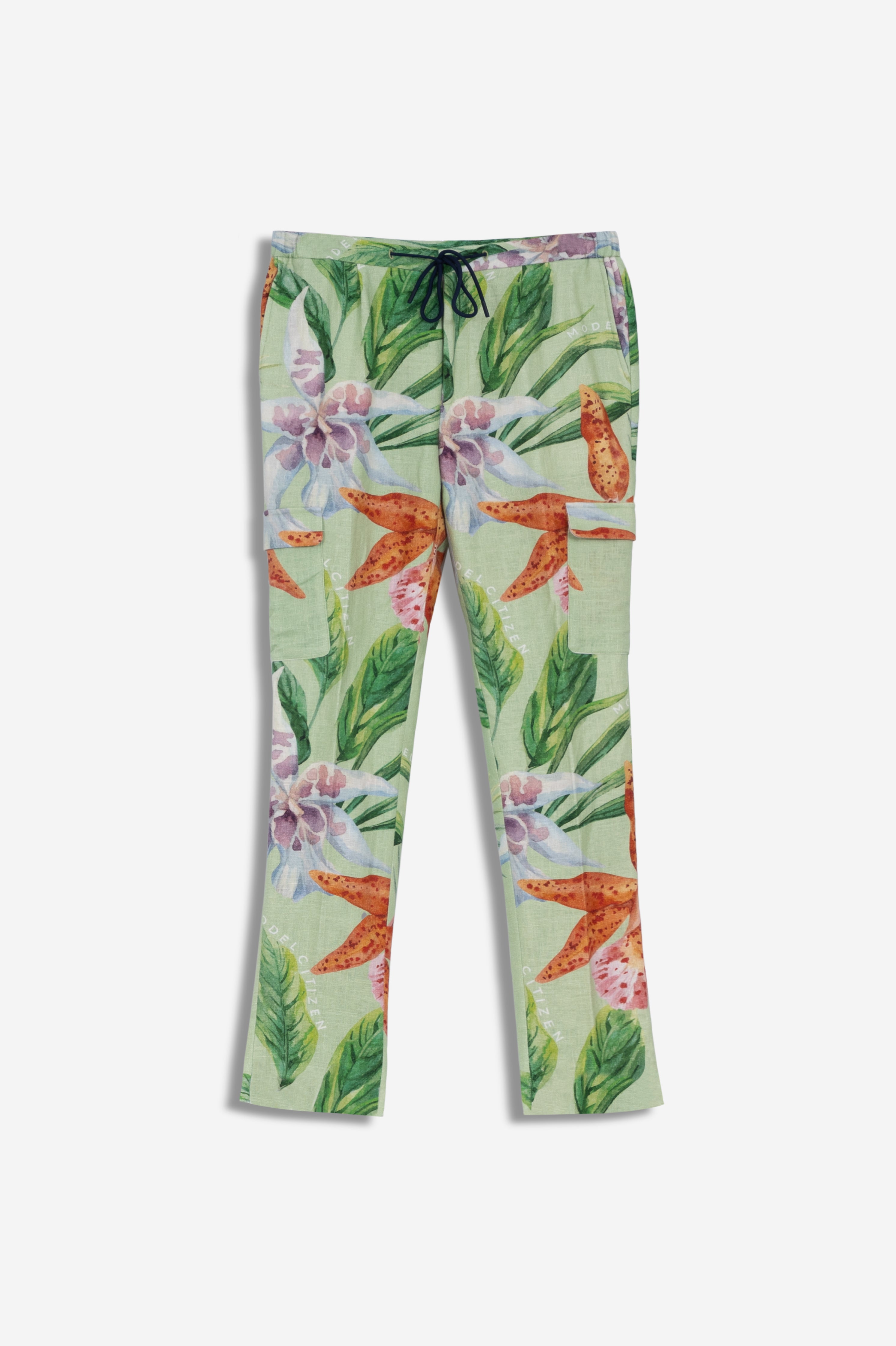 Linen Printed Cargo Pants - Tropical Green