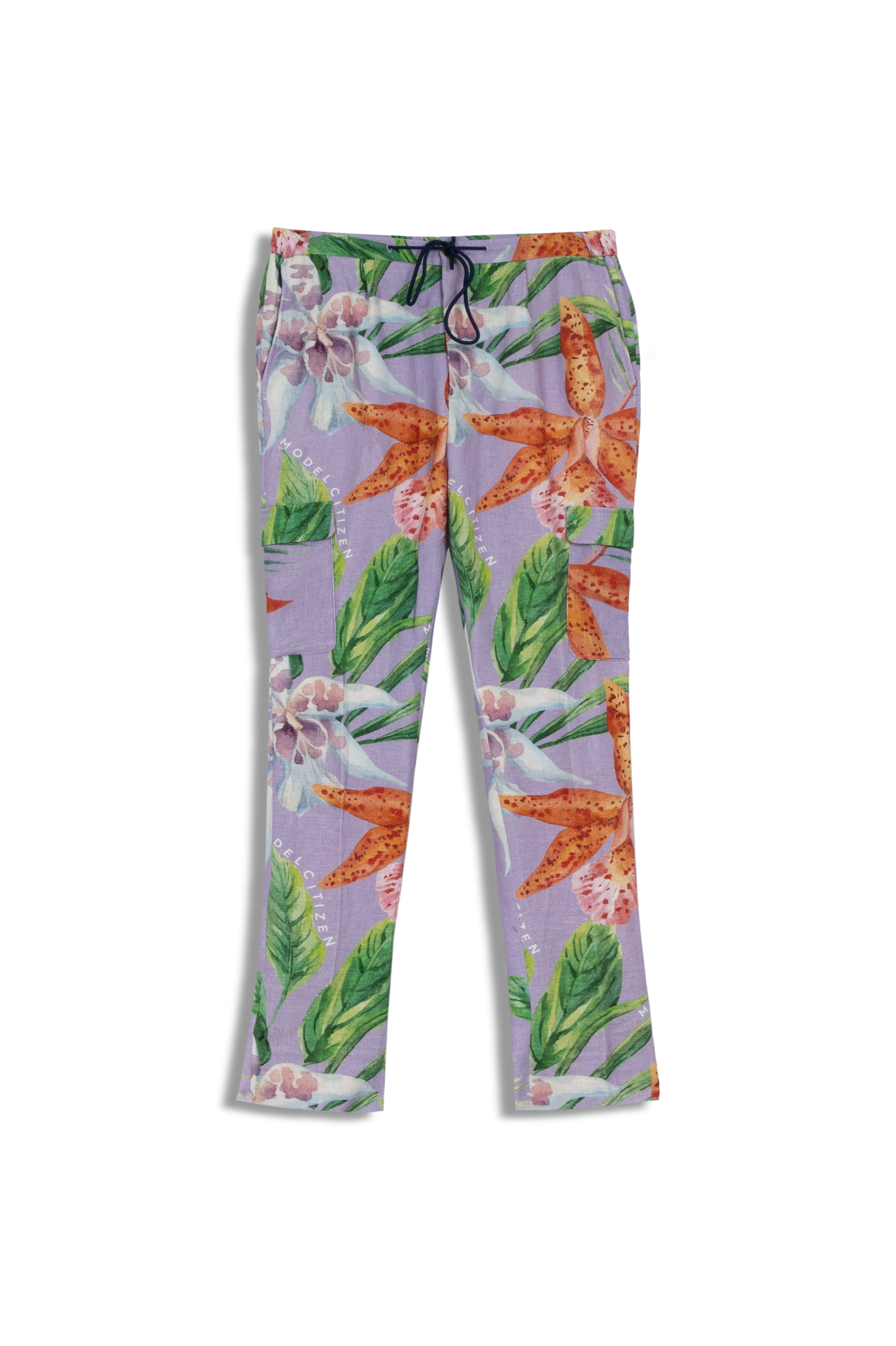 Linen Printed Cargo Pants - Tropical Lavender